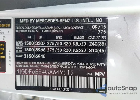 2016 Mercedes-Benz Gl 450 4Matic z USA, uszkodzony, nr VIN 4JGDF6EE4GA649615